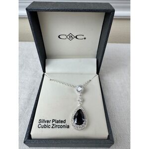 CBC Silver Plated Cubic Zirconia Black Pear Halo Drop Pendant Necklace Bridal